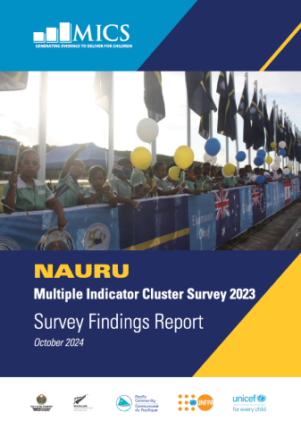 Report cover showing children at a parade holding balloons with Nauru flags along roadside