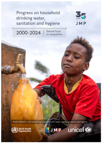 Report cover with boy in wheelchair filling jerrycan with water from a public tap