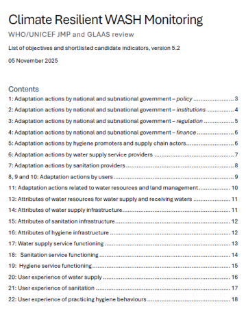 Cover page for list of candidate indicators for monitoring climate resilient WASH