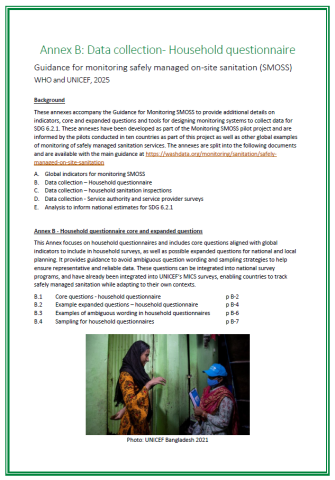 Cover page for SMOSS guidance annex b, showing a household survey taking place in Bangladesh