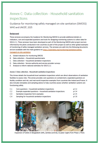 Cover page for SMOSS guidance annex c, with photos showing inspection of toilets in Bangladesh, Zambia and Ecuador