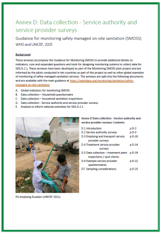 Cover page for SMOSS guidance annex d, with a photo of mechanized pit emptying in Ecuador